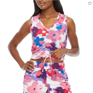 Juicy Couture Womens XL Watercolor Floral Print Ruched Crop Shirt Top NWT - Picture 1 of 4