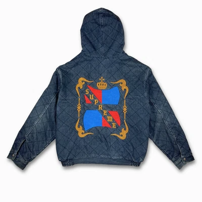 Supreme Quilted Denim Hooded Jacket L Blue Sherpa Lined Full Zip Crest Logo - Image 1 of 4