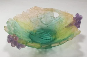DAUM LARGE GRAPE VINE LEAF BOWL COUPELLE MULTICOLOR PATE DE VERRE CRYSTAL 9" - Picture 1 of 10