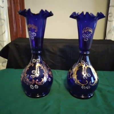 Pair Antique Bristol Cobalt Blue Hand Blown & Painted Gold Floral 13" Vases - Image 1 of 4