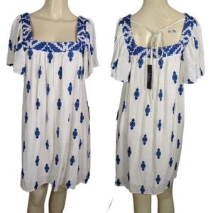 Lulus Mykonos Moment white blue Embroidered linen shift mini dress size M - Picture 1 of 16