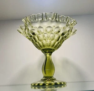 Fenton Olive Green Glass Ruffled Edge Thumbprint Pedestal Candy Dish - Picture 1 of 12