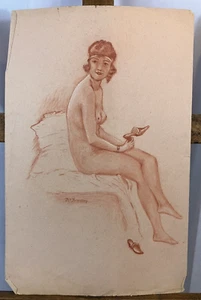 Dessin à la sanguine Portrait d'une jeune femme nue au bandeau vers 1935 signé - Picture 1 of 11
