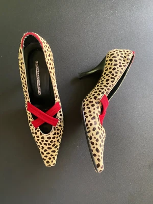 Donald J Pliner Leopard Pony Hair Red Strap Heels Size 6 Fran Fine 90s Pointed - Image 1 of 4