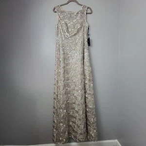 Adrianna Papell Women 6 Beige Sequin Lace Long Maxi Formal Gown Fit-flare Dress - Picture 1 of 16