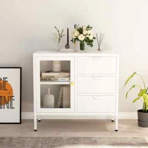 vidaXL Household Sideboard White 75x35x70 cm Steel and Tempered Glass - Picture 1 of 11