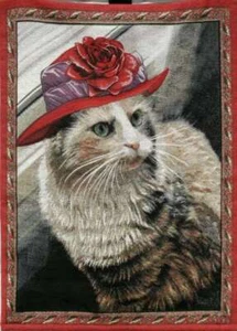 Tapestry-"Kitty in Red Hat" w/Wooden Rod, 26x36 - Picture 1 of 4