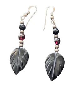 Black Tourmaline Handmade Carved Leaf Dangle Earrings - Picture 1 of 2