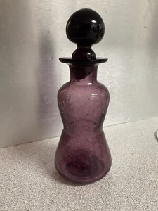 Vintage 8” MCM Rainbow Glass Amethyst Purple Crackle Glass Decanter Ball Stopper - Picture 1 of 4