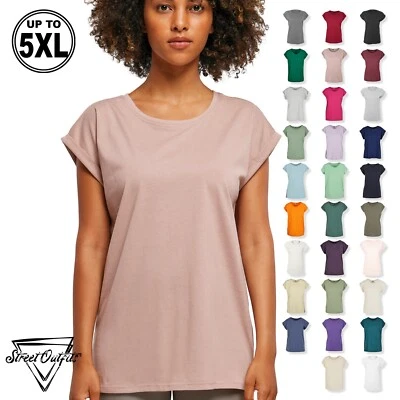 Womens Extended Shoulder T-Shirt Long Cut Top Wide Round Neck Tee Sports Yoga - Image 1 of 4