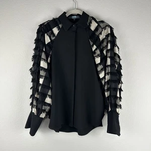 Top Eva Franco nero bianco maglia arricciata manica lunga carriera casual con bottoni 4 - Foto 1 di 7