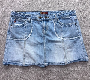 L.E.I. Jean Skirt Women's 13 Light Wash Raw Edge Pocket Denim Mini Skirt Y2K VTG - Picture 1 of 14