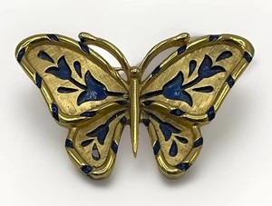 CROWN TRIFARI SIGNED VTG L'ORIENT ENAMEL BUTTERFLY BROOCH PIN BLUE GOLD TONE - Picture 1 of 12