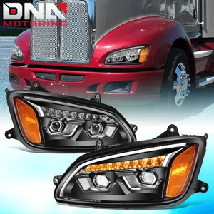 For 2008-2017 Kenworth T660 LED DRL Sequential Signal Projector Headlights Black - Picture 1 of 10