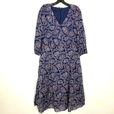 Talbots Women Paisle Midi Dress Sz 10 Blue V Neck Blue Floral Short Sleeve - Image 1 of 4