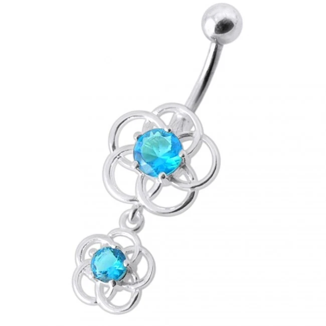 Sterling Silver Belly Bar Large Blue Crystal Flower Navel Ring 8mm Size - Image 1 of 1