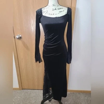 NUEVO SIN ETIQUETAS Vestido Midi Elegante Capricho Terciopelo Escote Cuadrado Ranura Encaje PEQUEÑO Foto 1 de 3
