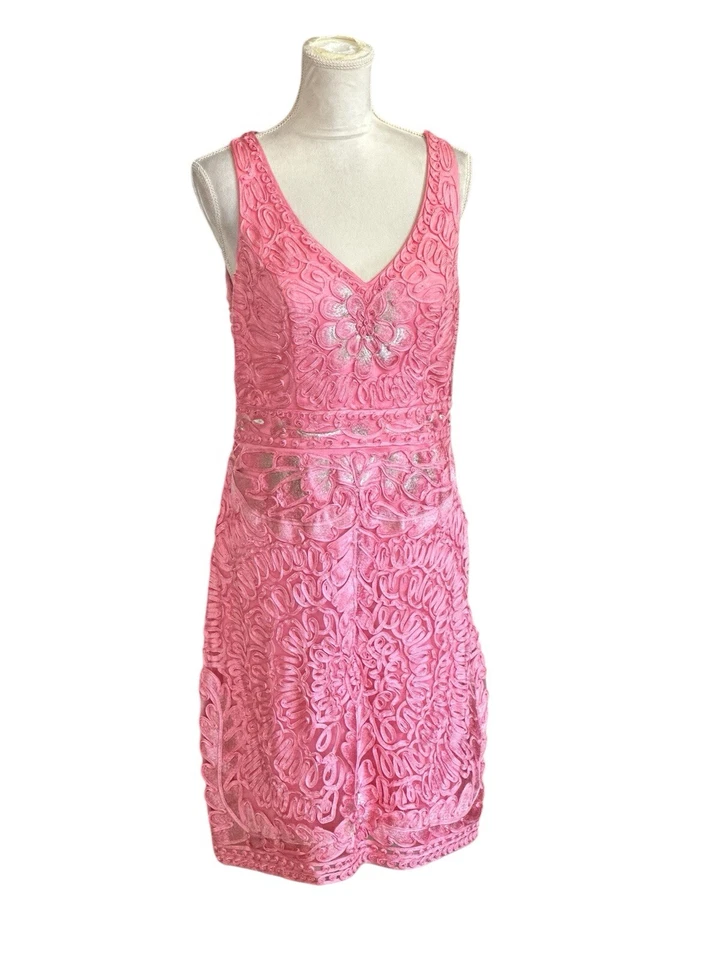Vestido de Cóctel Sue Wong Talla 12 Encaje Rosa Floral Geométrico Glamour Brillante DEFECTUOSO Foto 1 de 4