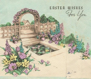 Tarjeta de felicitación vintage 1942 troquelado flores de pascua lirios estanque arco g1 - Imagen 1 de 4