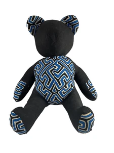 Mola Central America Black Plush Stuffed Teddy Bear Blue White Design - Picture 1 of 6