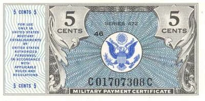 USA / MPC  5  Cents  1947  Series  472  Plate  # 46  Uncirculated Banknote M6 - Image 1 of 2