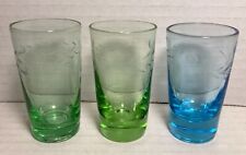 Vintage Set of Three Colorful Shot Glasses Wheat Etched Green Blue