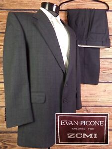 Evan Picone 2 Piece Suit Gray Wool Windowpane 40R Pants 33x27.75
