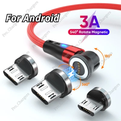 540° Rotate Magnetic Micro USB Charger Charging Cable 3A For Android Samsung HTC - Image 1 of 4