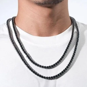 Black Moissanite Tennis Necklace Chain Sterling Silver 18K Gold Overlay Hip Hop - Picture 1 of 11