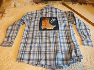 Upcycled Repurposed Shirt Rough Stock Unisex Size L 14 Cowboy Boots Spur Blues - Picture 1 of 5