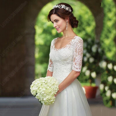 Elegante ilusão de renda meia manga vestidos de noiva aplique vestidos de noiva linha A - Imagem 1 de 4