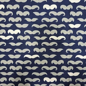 Cotton Fabric 14"x35" Remnant Navy Blue Grey White Mustache Novelty Print - Picture 1 of 4