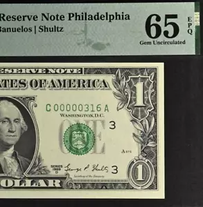 1969D $1 FRN Philadelphia PMG 65EPQ March 16 birthday low serial number 00000316 - Picture 1 of 3