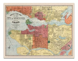 Vancouver indizierte Stadt & Vororte Vintage Karte 1914 -ungerahmt- Wanddekor Druck - Bild 1 von 4