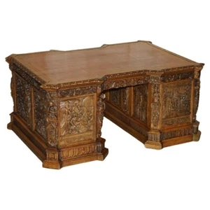 MUSEUM QUALITY ANTIQUE PARTNER DESK 17TH CENTURY HAND CARVED RELIGIOUS PANELS - Picture 1 of 24