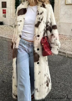 Women’s Cowhide Fur Long Coat Brown White Western Street Style Winter Jacket - Image 1 of 4