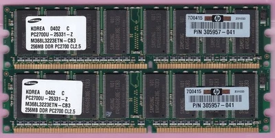 512MB 2x256MB DDR-333 PC2700 SAMSUNG M368L3223ETN-CB3 HP 305957-041 DDR1 RAM KIT Foto 1 de 3