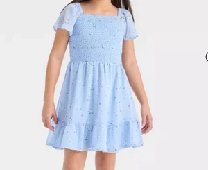 Girls' Short Sleeve Chiffon Blue Ruffled Floral  Dress - Cat & Jack™ Size 8 - Picture 1 of 8