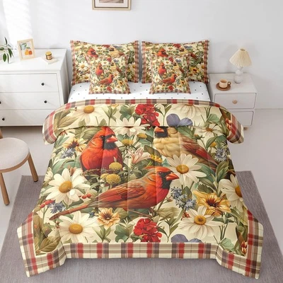 Juego de edredón rojo cardenal animales salvajes cama floral en una bolsa vintage geométrica... Foto 1 de 4