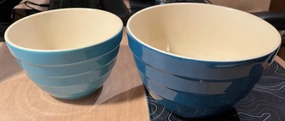 Usado Juego De 2 Cuencos Mezcladores De Cerámica Azul Acanalados Anidación Colmena Foto 1 de 4