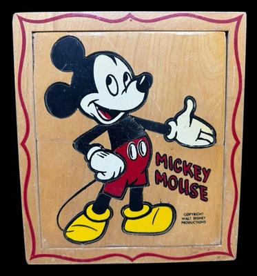 Rompecabezas bandeja marco madera Mickey Mouse temprano Walt Disney Productions 8" Foto 1 de 4