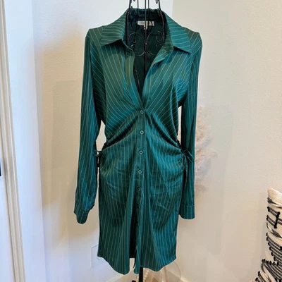 WAYF Daniela Cutout Green Pinstripe Long Sleeve Shirt Dress- Small - Image 1 of 4