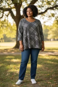 Alfani Damen Tunika Oberteil Übergröße 3x Glockenärmel ungleichmäßiger Saum s/w gestreiftes Design  - Bild 1 von 3