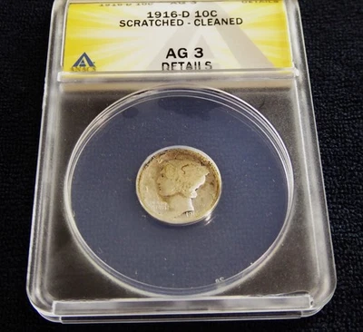 1916 D Mercury Dime ANACS AG 3 RARE KEY Date Very Few Made - Image 1 of 4