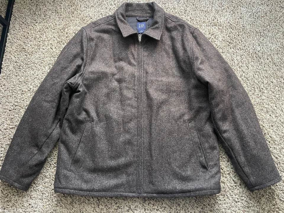 Gap шерстяная смесь пальто мужской XL елочка полный молнии с подкладкой воротник винтажный Y2K - Изображение 1 из 4