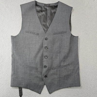 Express Vest Mens XS Gray Wool Blend Dress Suit Formal Waistcoat Adjustable Back - Image 1 of 4