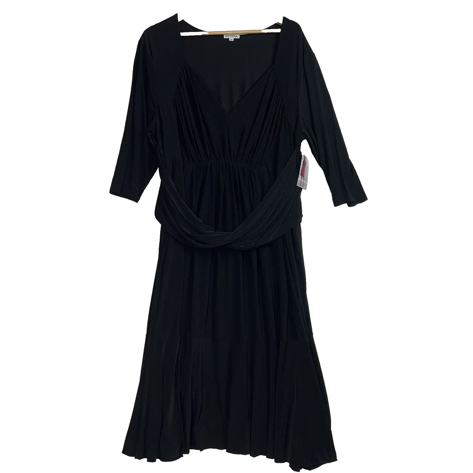 Vestido feminino Kiyonna 3XL preto malha maxi drapeada cintura gola V elástico manga 3/4 - Imagem 1 de 4