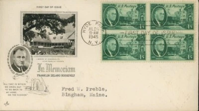 Franklin D. Roosevelt In Memoriam 1c Block of 4 Stamps Fdc Sc#930 Artcraft 1945 - Image 1 of 2