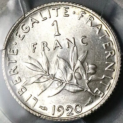 1920 PCGS MS 64 France 1 Franc Sower Mint State Last Year Silver Coin (24121803C - Image 1 of 4