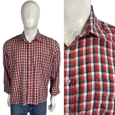 VINTAGE 70s Big Pointy Dagger Collar Shirt L Checked Tartan Plaid 1970s - Image 1 of 4